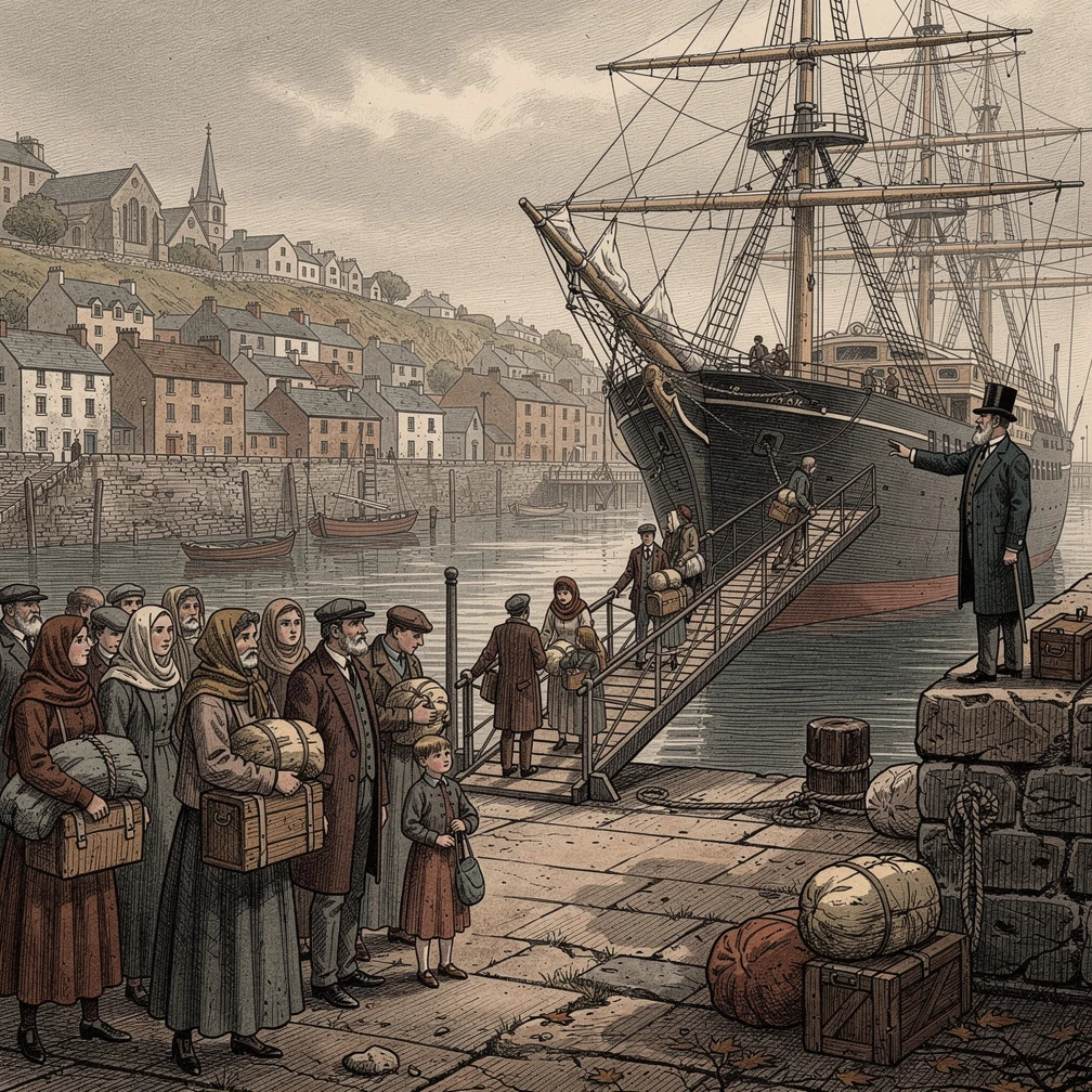 Queenstown (Cobh) harbour, Ireland, autumn 1847. A crowd of Irish emigrant families on the stone quay, preparing to board a large tall-masted sailing ship bound for Australia. Men, women, and children carrying bundles and small possessions. Grey overcast sky, the harbour town visible on the hillside behind. A Colonial Land and Emigration Commission agent in a top hat gestures toward the gangplank. The mood is neither joyful nor despairing — it is the exhausted compliance of people who have no other choice. The ship looms large. Small figures against a vast vessel. Style: detailed Victorian-era engraving as it would appear in the Illustrated London News, cross-hatched ink illustration, monochrome with warm sepia tones, documentary and precise.. Illustrated in the style of 1930s-1940s editorial art. Muted earth tones of brown, ochre, and faded red. Detailed crosshatch line work, painterly. No anachronisms. No digital aesthetic.