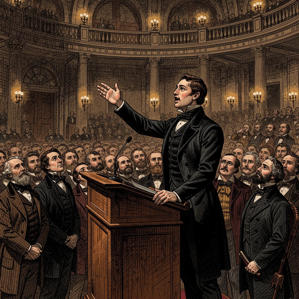 Thomas Francis Meagher, the man in the reference image but younger — aged 24, clean-shaven, in a black Victorian frock coat — standing at a lectern in the Rotunda assembly rooms, Dublin, July 1847. He is mid-speech, one arm raised, head slightly forward, the posture of a man delivering something irrevocable. The hall is packed — a dense crowd of men in dark coats pressing toward him, faces lit by gas lamps. The mood is tense, electric, the charged silence of an audience that knows it is hearing something that cannot be unsaid. Dramatic chiaroscuro lighting from below and the side. Style: Victorian-era engraving in the manner of the Illustrated London News, detailed crosshatch, high contrast between the lit speaker and the dark crowded hall behind him.. Illustrated in the style of 1930s-1940s editorial art. Muted earth tones of brown, ochre, and faded red. Detailed crosshatch line work, painterly. No anachronisms. No digital aesthetic.