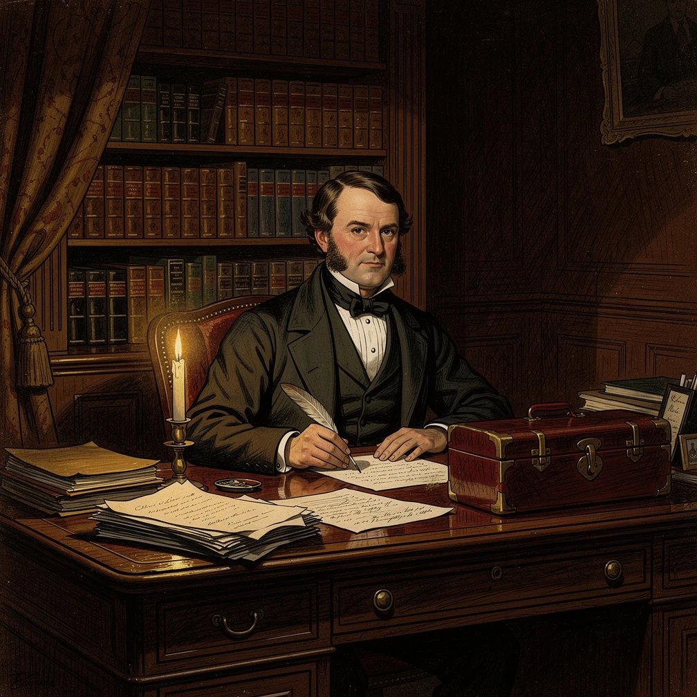 Charles Edward Trevelyan, the man in the reference image, seated at a large mahogany writing desk in a well-appointed Whitehall office, autumn 1846. He is writing by candlelight, quill in hand, papers and memoranda stacked neatly around him. His expression is calm, focused, entirely composed — the expression of a man who believes he is right. Bookshelves behind him, a Treasury dispatch box on the desk. The room is warm and comfortable. Style: Victorian-era oil painting, rich dark tones, chiaroscuro lighting from the candle, painted in the manner of a formal 1840s portrait.. Illustrated in the style of 1930s-1940s editorial art. Muted earth tones of brown, ochre, and faded red. Detailed crosshatch line work, painterly. No anachronisms. No digital aesthetic.