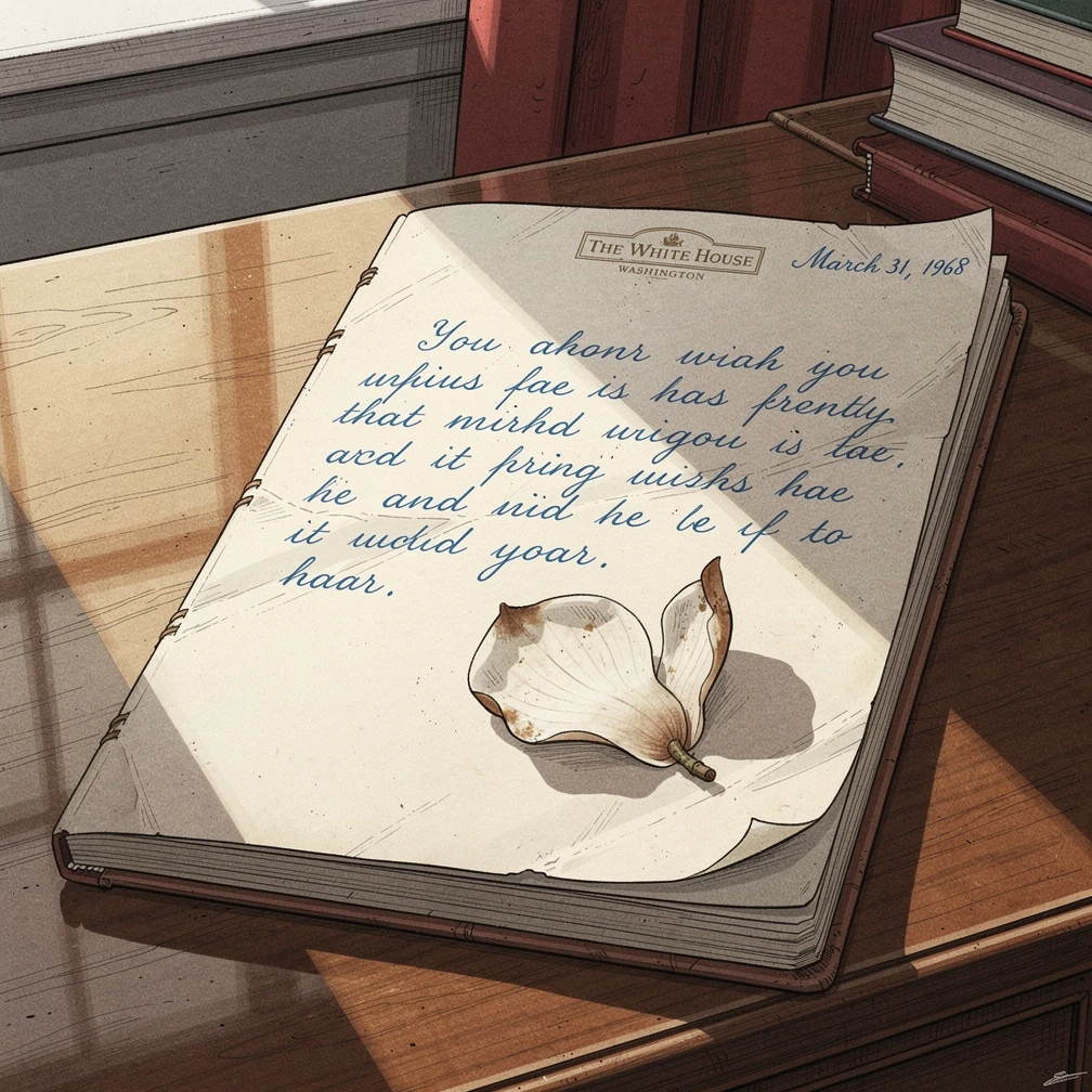 A woman's handwritten diary page on White House stationery, dated March 31 1968, blue ink cursive on cream paper, a few lines visible but not fully legible, the page slightly creased, a dried magnolia petal pressed between the pages, late afternoon light falling across the desk. Illustrated in the style of 1930s-1940s editorial art. Muted earth tones of brown, ochre, and faded red. Detailed crosshatch line work, painterly. No anachronisms. No digital aesthetic.